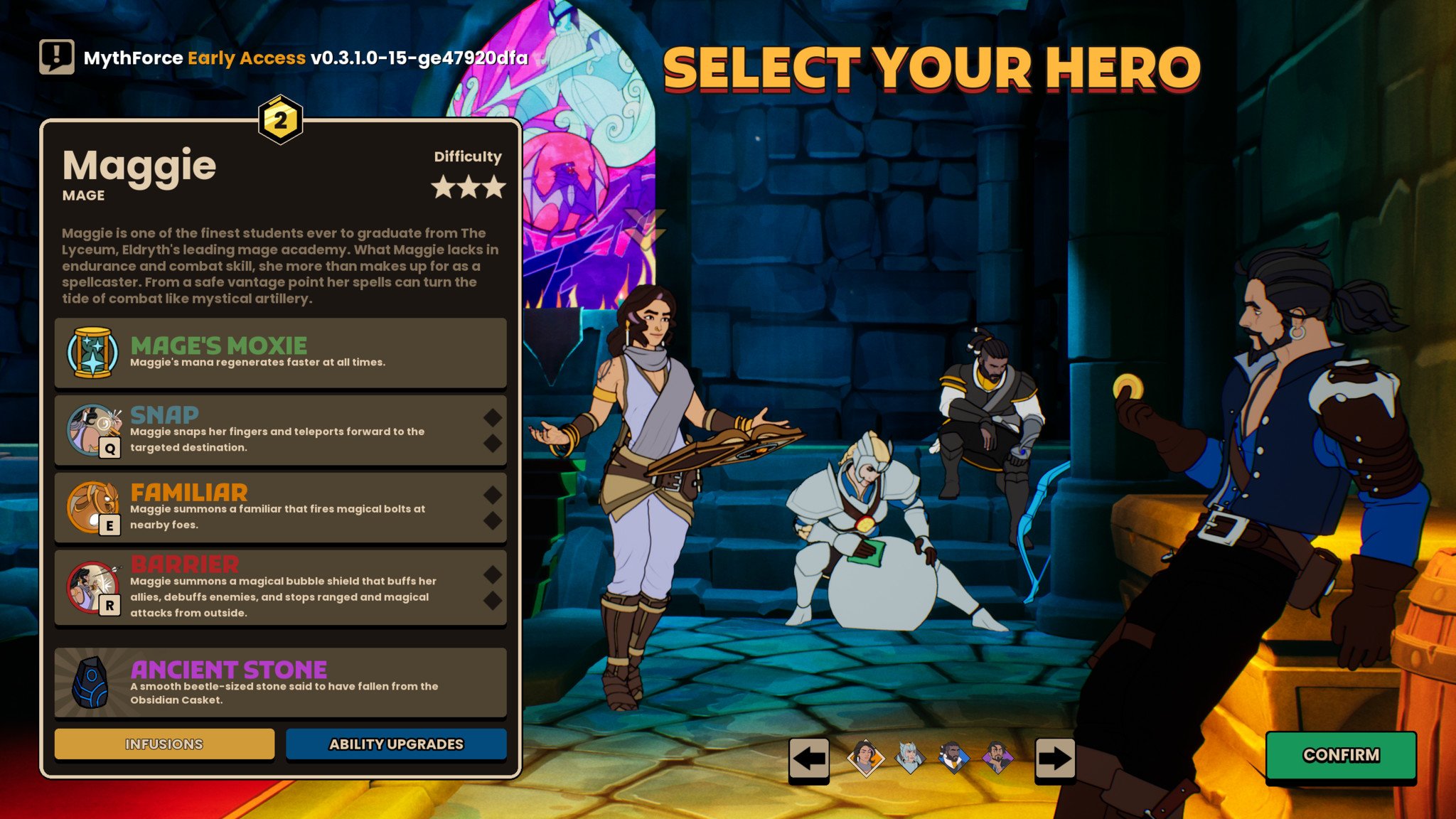 Mythforce Character Selection Screen
