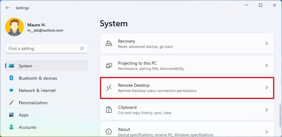 Open Remote Desktop settings