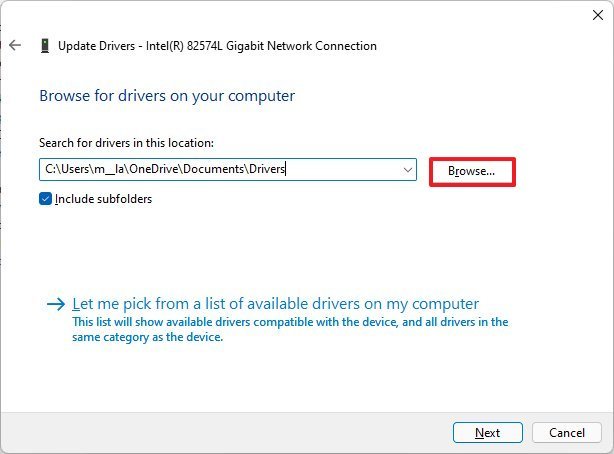 Select driver files location