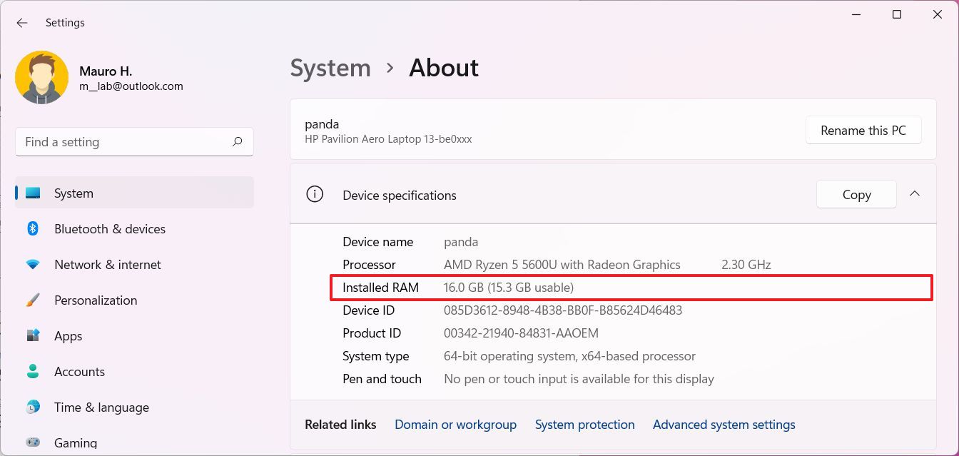 Settings About Installed Ram Windows 11