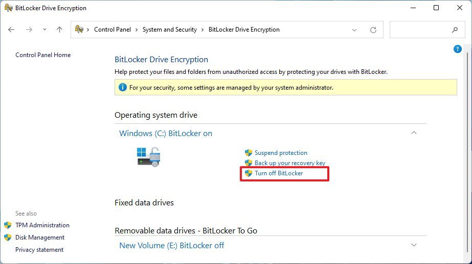Turn off BitLocker on Windows 11 Pro