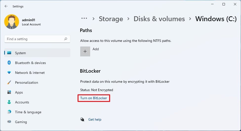Settings turn on BitLocker