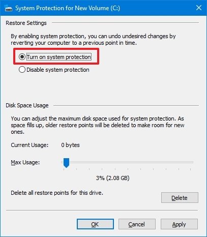 Turn on system protection on Windows 10