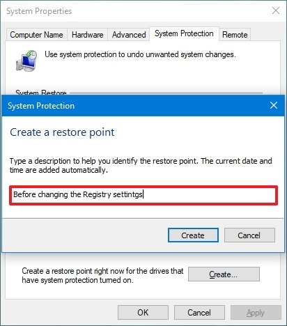 Windows 10 create restore point settings