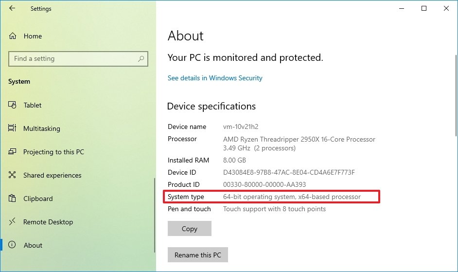 Windows 10 confirm 64-bit CPU support