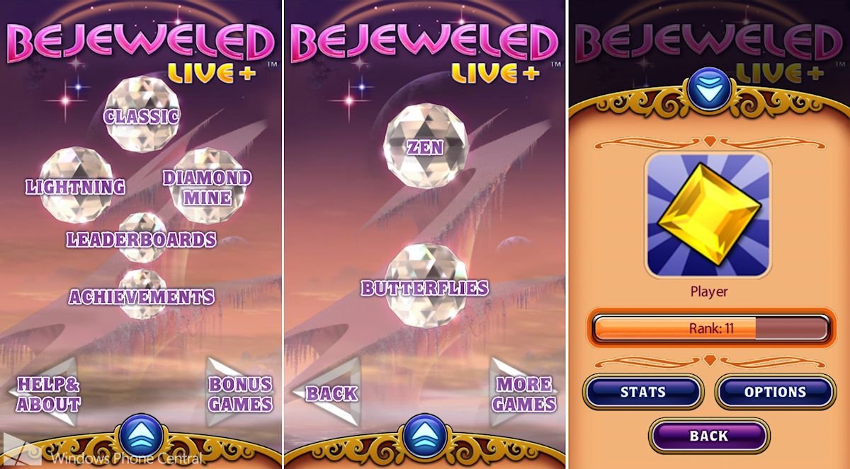 Bejeweled Live+ menus