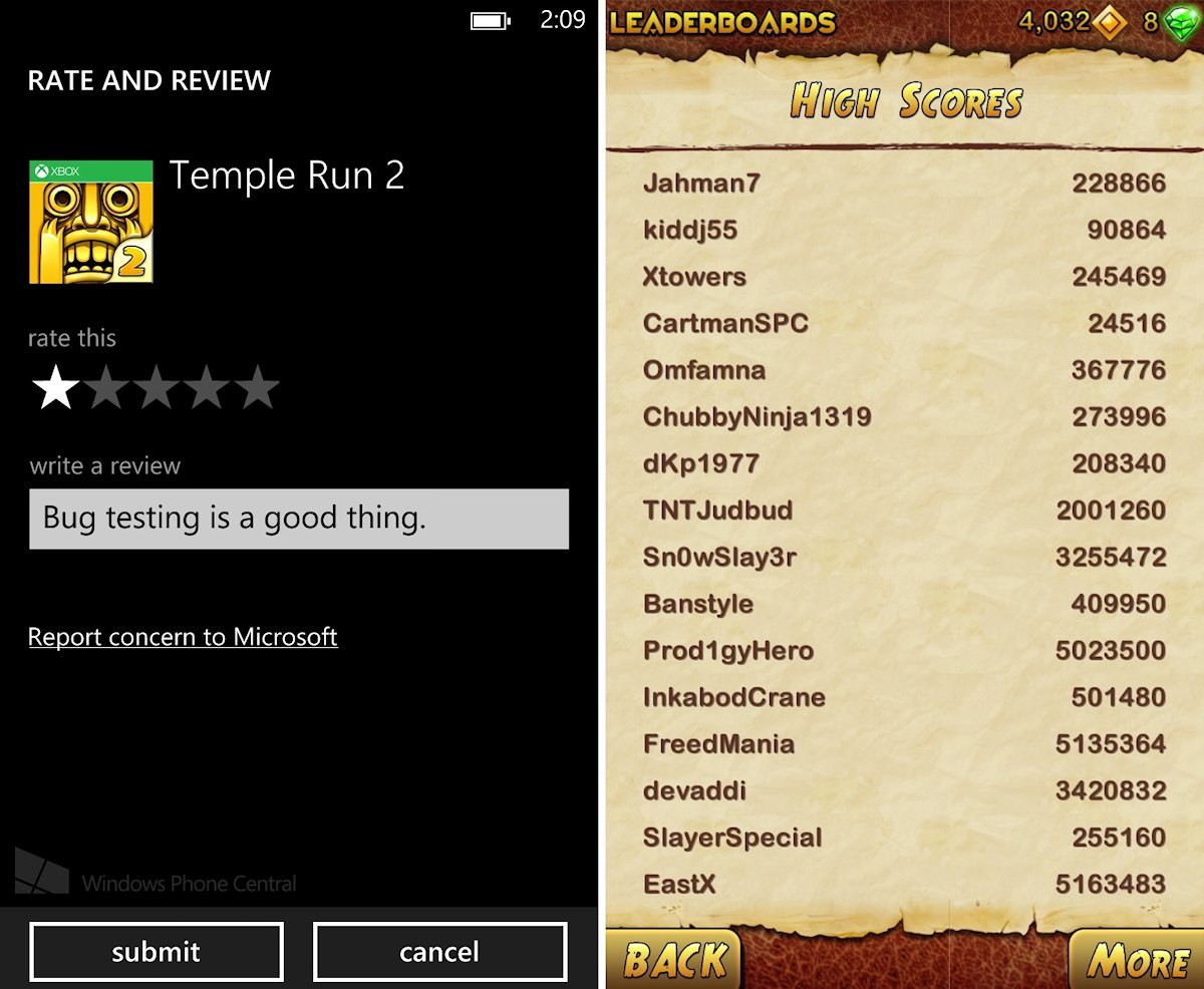 Temple Run 2 for Windows Phone 8 user review leaderboard