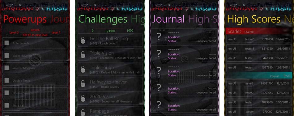 Monster's Pinball Challenges, Journal and High Scores