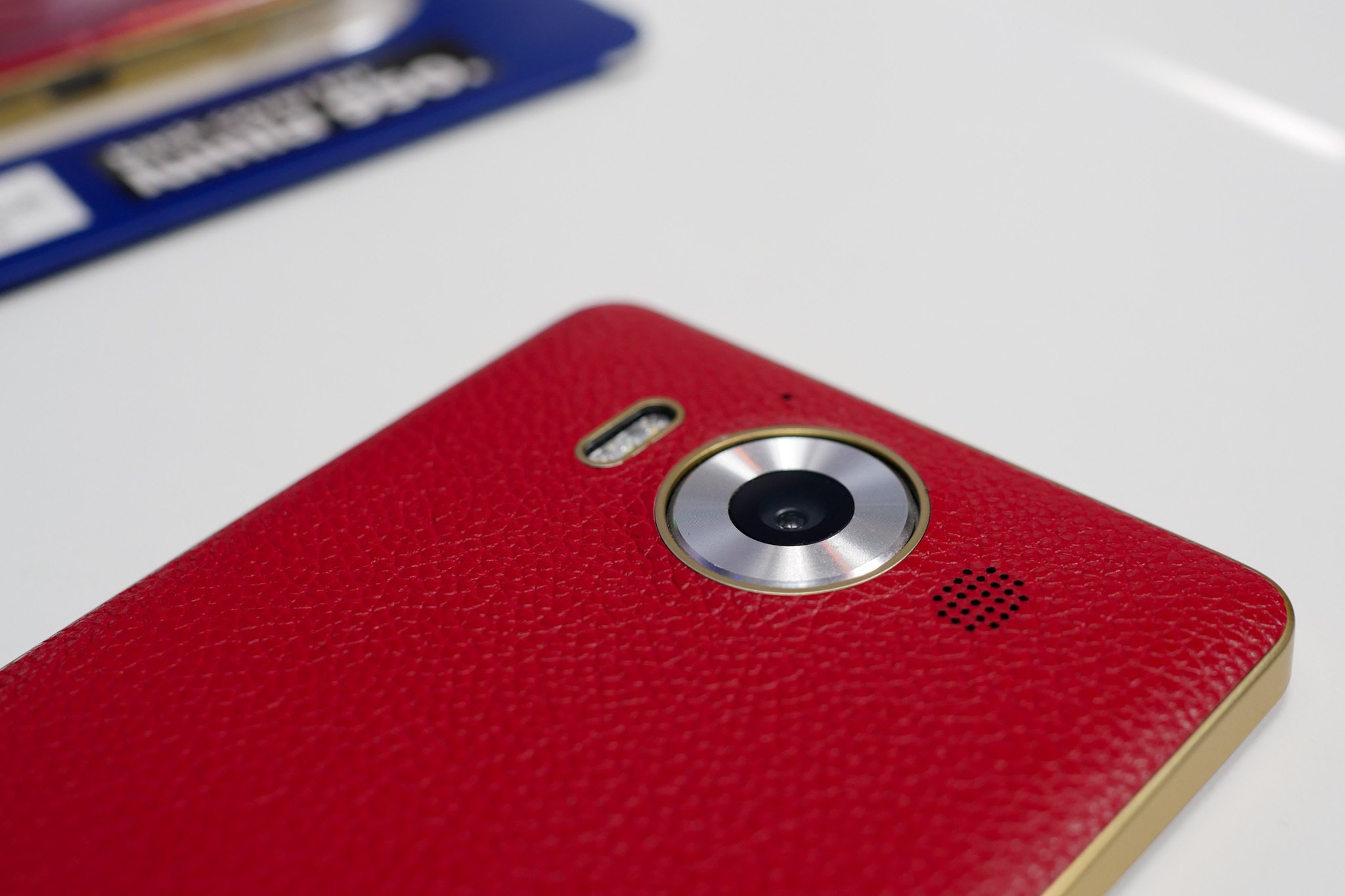 red leather and gold Mozo cover for the Lumia 950