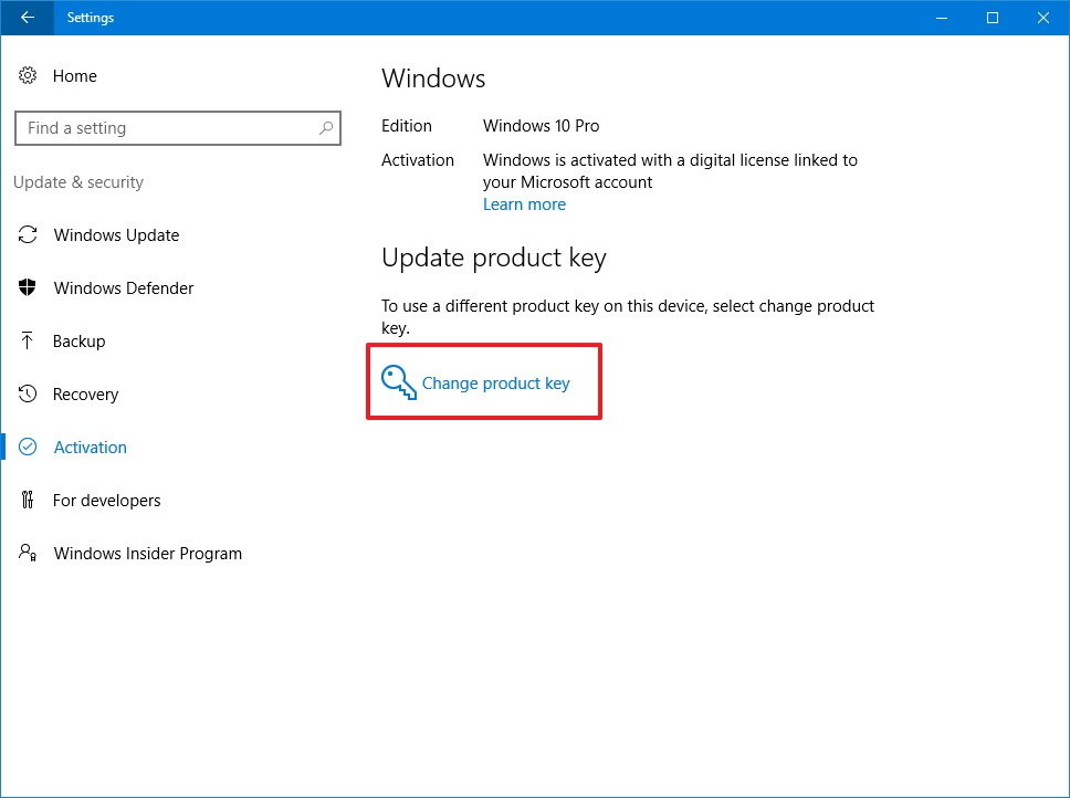 windows 10 pro change product key