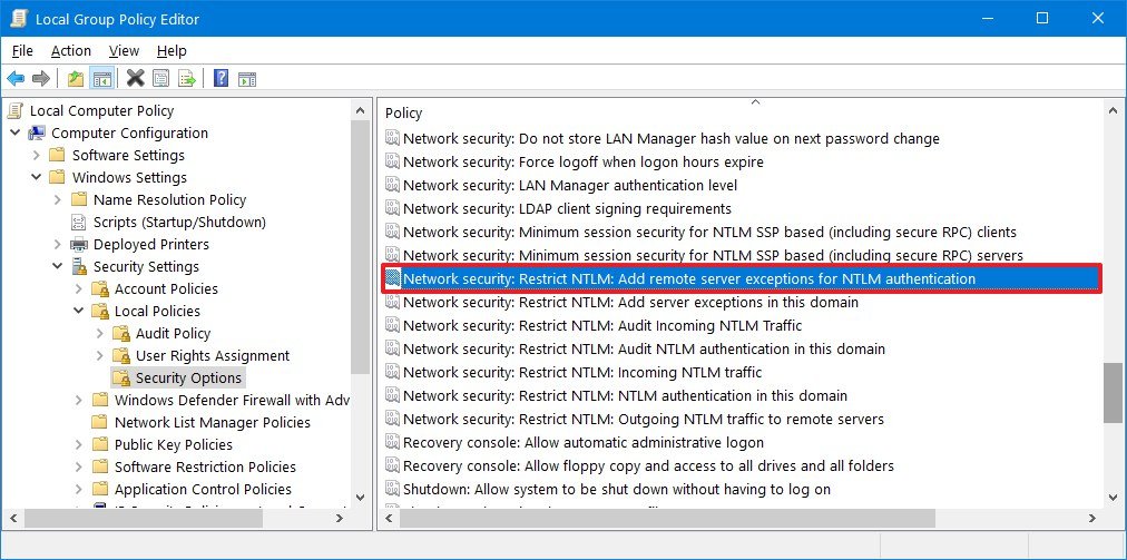 Security Options Network security restrict NTLM exception list