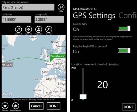 GPS Calculator Map and Settings Screen
