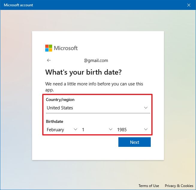 Microsoft account region and birthday