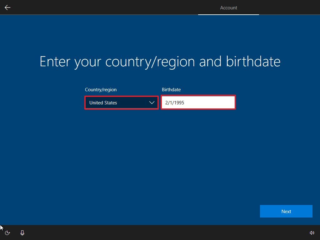 Microsoft account region and birthday information