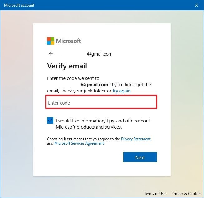 Microsoft account verification code