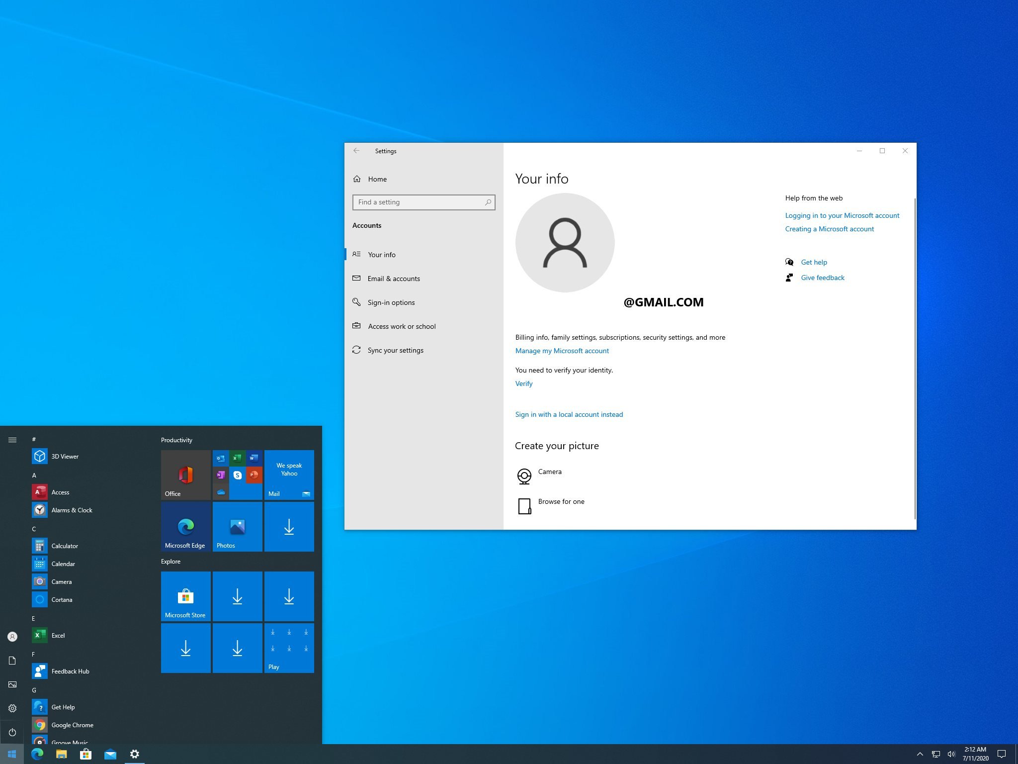 Windows 10 Microsoft account with a Gmail address