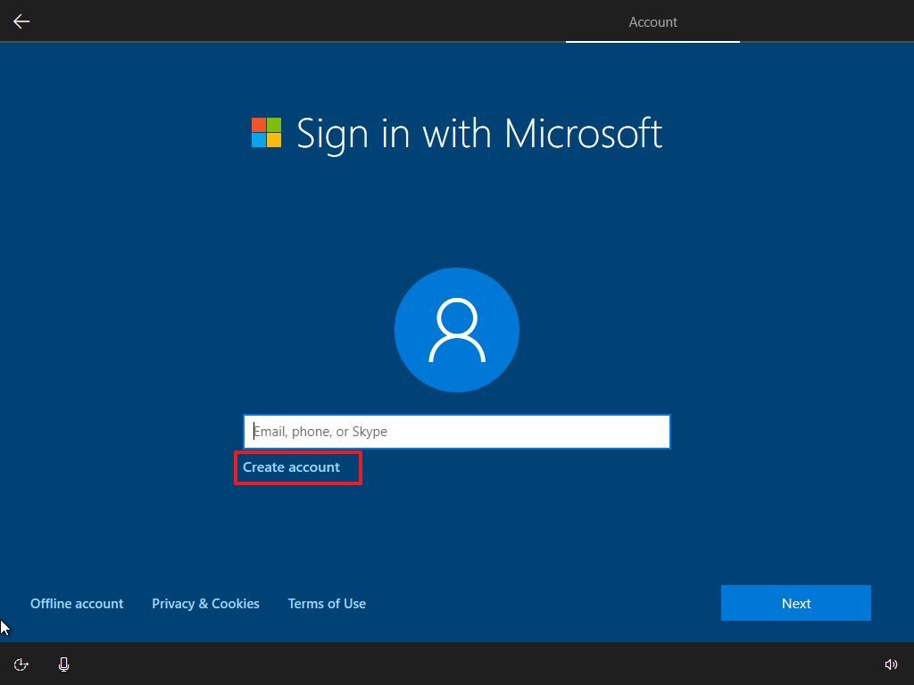 Windows 10 OOBE create account option
