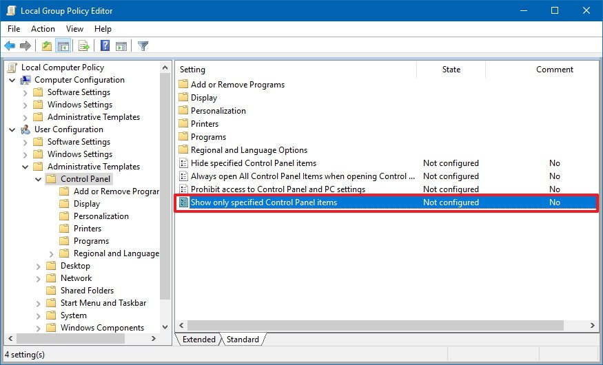 remove control panel items group policy