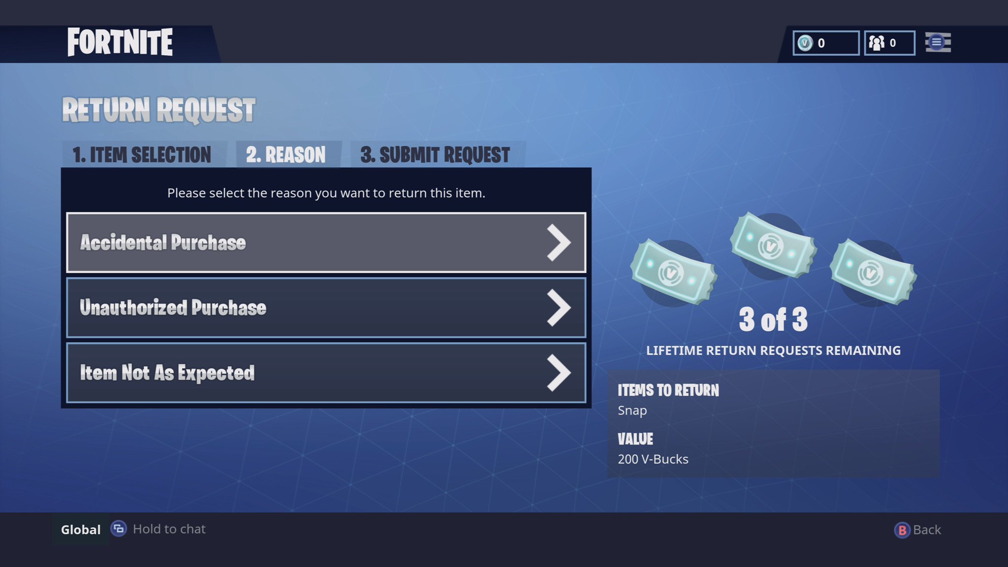 fortnite select your reason for wanting a refund - how to refund skins on fortnite pc