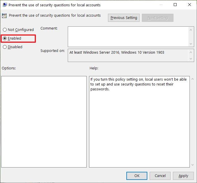 disable local account security questions windows 10 gpedit